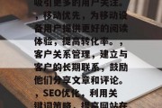 小说网站如何提高流量,提升小说网站流量的10个方法,网站优化,优化网站布局和用户体验,使读者可以轻松找到他们需要的信息。,社交媒体营销,利用社交媒体平台扩大影响力,增加用户访问量。,内容创作,定期发布高质量、有趣的内容,吸引更多的用户关注。,移动优先,为移动设备用户提供更好的阅读体验,提高转化率。,客户关系管理,建立与客户的长期联系,鼓励他们分享文章和评论。,SEO优化,利用关键词策略,提高网站在搜索引擎中的排名,吸引更多潜在用户。,社区建设,创建一个活跃的社区,鼓励用户互动和交流。,技术支持, 小说网站如何提高流量,提升小说网站流量的10个方法,网站优化,优化网站布局和用户体验,使读者可以轻松找到他们需要的信息。,社交媒体营销,利用社交媒体平台扩大影响力,增加用户访问量。,内容创作,定期发布高质量、有趣的内容,吸引更多的用户关注。,移动优先,为移动设备用户提供更好的阅读体验,提高转化率。,客户关系管理,建立与客户的长期联系,鼓励他们分享文章和评论。,SEO优化,利用关键词策略,提高网站在搜索引擎中的排名,吸引更多潜在用户。,社区建设,创建一个活跃的社区,鼓励用户互动和交流。,技术支持,