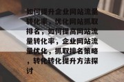 如何提升企业网站流量转化率,优化网站抓取排名,如何提高网站流量转化率,企业网站流量优化,抓取排名策略,转化转化提升方法探讨 如何提升企业网站流量转化率,优化网站抓取排名,如何提高网站流量转化率,企业网站流量优化,抓取排名策略,转化转化提升方法探讨