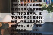 SEO优化是一个在线策略,通过在搜索引擎上优化网站的内容和结构来提高其可见性和排名。对于企业来说,这不仅有助于吸引更多的流量,还可以帮助他们增加销售,并进一步提高品牌形象。,SEO优化,企业网络营销的全方位策略 SEO优化是一个在线策略,通过在搜索引擎上优化网站的内容和结构来提高其可见性和排名。对于企业来说,这不仅有助于吸引更多的流量,还可以帮助他们增加销售,并进一步提高品牌形象。,SEO优化,企业网络营销的全方位策略
