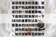 SEO排名优化是企业为了提升网站在搜索引擎中的排名和权重,从而获得更多的流量、潜在客户和品牌曝光度而进行的一项重要策略。下面我们就来探讨一下SEO的重要性以及一些基本的SEO技巧。,提升网站SEO排名,知识详解及实战操作,SEO是什么? SEO的重要性及技巧详解 SEO排名优化是企业为了提升网站在搜索引擎中的排名和权重,从而获得更多的流量、潜在客户和品牌曝光度而进行的一项重要策略。下面我们就来探讨一下SEO的重要性以及一些基本的SEO技巧。,提升网站SEO排名,知识详解及实战操作,SEO是什么? SEO的重要性及技巧详解