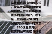SEO (搜索引擎优化) 是指通过使用各种技术手段,将你的网站优化成最有效的方式,使其更容易被搜索引擎抓取,并且能够吸引更多的潜在客户。以下是一些最适合SEO的网站类型和推荐的方法。,SEO优化策略,提高网站可见度与排名,SEO关键词选择、网页结构优化、社交媒体互动等策略 SEO (搜索引擎优化) 是指通过使用各种技术手段,将你的网站优化成最有效的方式,使其更容易被搜索引擎抓取,并且能够吸引更多的潜在客户。以下是一些最适合SEO的网站类型和推荐的方法。,SEO优化策略,提高网站可见度与排名,SEO关键词选择、网页结构优化、社交媒体互动等策略