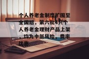 个人养老金制度扩围至全国后,第六批4只个人养老金理财产品上架,均为中低风险,费率优惠 个人养老金制度扩围至全国后,第六批4只个人养老金理财产品上架,均为中低风险,费率优惠