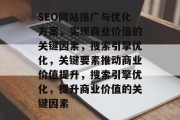 SEO网站推广与优化方案，实现商业价值的关键因素，搜索引擎优化，关键要素推动商业价值提升，搜索引擎优化，提升商业价值的关键因素