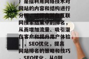 SEO(搜索引擎优化)是指利用网络技术对网站的内容和结构进行分析,以提高其在互联网搜索结果中的排名,从而增加流量、吸引潜在客户和提升用户体验。,SEO优化,提高网站排名的策略和技巧,SEO优化,从0到1:策略指南 SEO(搜索引擎优化)是指利用网络技术对网站的内容和结构进行分析,以提高其在互联网搜索结果中的排名,从而增加流量、吸引潜在客户和提升用户体验。,SEO优化,提高网站排名的策略和技巧,SEO优化,从0到1:策略指南