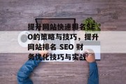 提升网站快速排名SEO的策略与技巧,提升网站排名 SEO 财务优化技巧与实战 提升网站快速排名SEO的策略与技巧,提升网站排名 SEO 财务优化技巧与实战