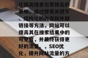SEO是一种将网站优化提高搜索引擎排名的策略。通过使用关键字、结构化的内容和外部链接等方法,网站可以提高其在搜索结果中的可见度,并最终获得更好的流量。,SEO优化,提升网站流量的方法与技巧,关键词优化 SEO是一种将网站优化提高搜索引擎排名的策略。通过使用关键字、结构化的内容和外部链接等方法,网站可以提高其在搜索结果中的可见度,并最终获得更好的流量。,SEO优化,提升网站流量的方法与技巧,关键词优化