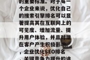 SEO网站评分是衡量一个网站性能和吸引力的重要标准。对于每一个企业来说,优化自己的搜索引擎排名可以显著提高其在互联网上的可见度、增加流量、提升用户体验,并且对潜在客户产生积极影响。,企业优化SEO排名,关键竞争力提升的途径,优化SEO排名,提高竞争力的关键途径 SEO网站评分是衡量一个网站性能和吸引力的重要标准。对于每一个企业来说,优化自己的搜索引擎排名可以显著提高其在互联网上的可见度、增加流量、提升用户体验,并且对潜在客户产生积极影响。,企业优化SEO排名,关键竞争力提升的途径,优化SEO排名,提高竞争力的关键途径