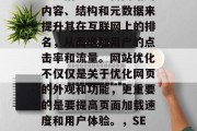 SEO(搜索引擎优化)是指通过改善网站的内容、结构和元数据来提升其在互联网上的排名,从而增加用户的点击率和流量。网站优化不仅仅是关于优化网页的外观和功能,更重要的是要提高页面加载速度和用户体验。,SEO技巧,如何优化您的在线店铺? SEO(搜索引擎优化)是指通过改善网站的内容、结构和元数据来提升其在互联网上的排名,从而增加用户的点击率和流量。网站优化不仅仅是关于优化网页的外观和功能,更重要的是要提高页面加载速度和用户体验。,SEO技巧,如何优化您的在线店铺?