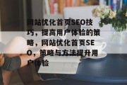 网站优化首页SEO技巧,提高用户体验的策略,网站优化首页SEO,策略与方法提升用户体验