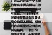 SEO(搜索引擎优化)网站内链是一个关键的策略来提高网站在搜索引擎结果中的排名和可见性。一个好的SEO策略需要结合对目标受众的深入理解、明确的内容质量以及相应的网站结构。,提升SEO网站流量,头衔策略的关键 SEO(搜索引擎优化)网站内链是一个关键的策略来提高网站在搜索引擎结果中的排名和可见性。一个好的SEO策略需要结合对目标受众的深入理解、明确的内容质量以及相应的网站结构。,提升SEO网站流量,头衔策略的关键