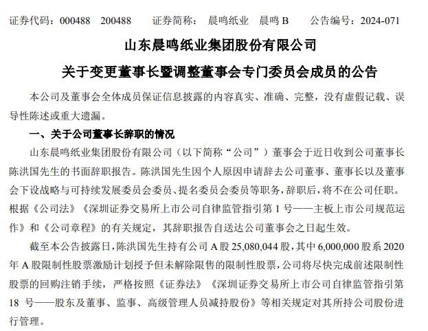 国内最大造纸企业之一突发公告!晨鸣纸业董事长夫妇同时辞职