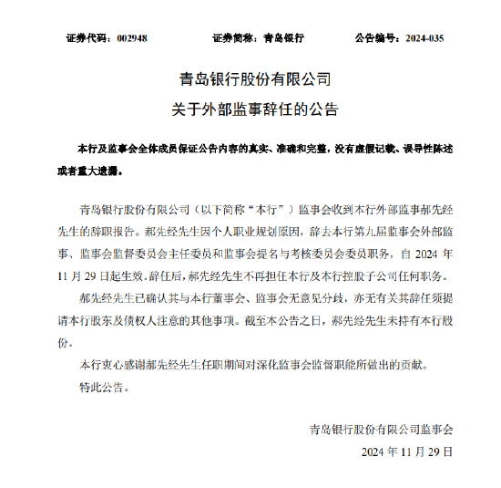 青岛银行:郝先经辞任监事