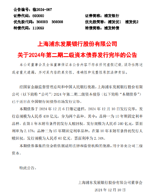 浦发银行:400亿元第二期二级资本债券发行完毕