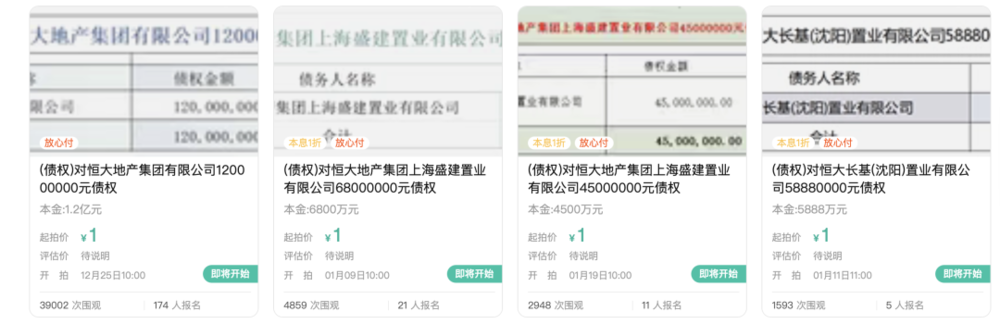 1元起拍,恒大地产集团1.2亿元债权拍卖参与者众多