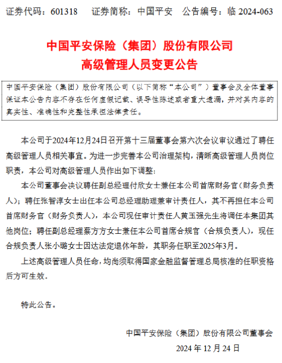 中国平安:副总经理付欣兼任首席财务官、副总经理蔡方方兼任首席合规官、张智淳任总助兼审计责任人