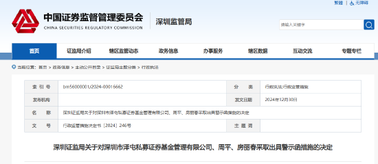 泽屯私募及2名高管被出具警示函!公司信披等暴露四方面违规问题