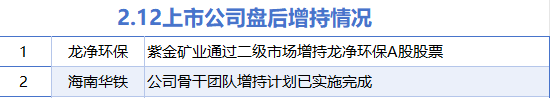 2月12日增减持汇总:龙净环保等2股增持 青云科技等11股减持(表)