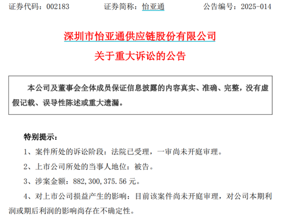 突发!这家A股公司被告上法院,涉诉8.82亿元