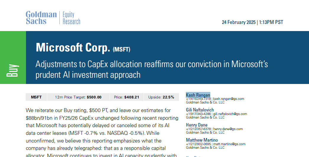 “退租数据中心”传闻引热议,微软罕见回应,高盛力挺!AI资本支出盛宴已近尾声?