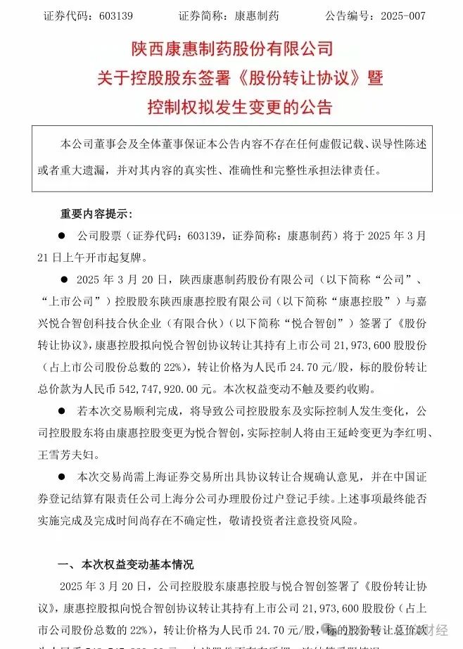 陕西康惠制药控制权出售,创始人王延岭将套现超5亿元