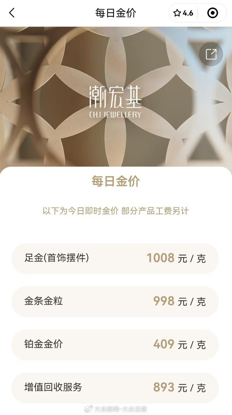 金价回调！金饰价格跌破千元