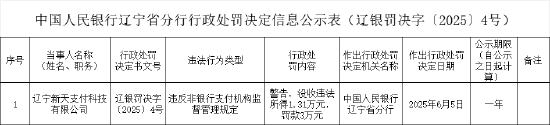 辽宁新天支付科技被罚3万元:违反非银行支付机构监督管理规定
