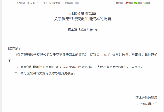 保定银行获批增资至59.8亿元