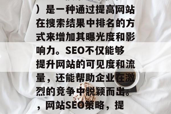 SEO(搜索引擎优化)是一种通过提高网站在搜索结果中排名的方式来增加其曝光度和影响力。SEO不仅能够提升网站的可见度和流量,还能帮助企业在激烈的竞争中脱颖而出。,网站SEO策略,提升可见度与流量的关键 SEO(搜索引擎优化)是一种通过提高网站在搜索结果中排名的方式来增加其曝光度和影响力。SEO不仅能够提升网站的可见度和流量,还能帮助企业在激烈的竞争中脱颖而出。,网站SEO策略,提升可见度与流量的关键
