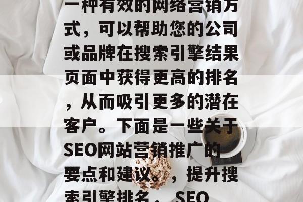 SEO网站营销推广是一种有效的网络营销方式,可以帮助您的公司或品牌在搜索引擎结果页面中获得更高的排名,从而吸引更多的潜在客户。下面是一些关于SEO网站营销推广的要点和建议。,提升搜索引擎排名, SEO网站营销的技巧与策略 SEO网站营销推广是一种有效的网络营销方式,可以帮助您的公司或品牌在搜索引擎结果页面中获得更高的排名,从而吸引更多的潜在客户。下面是一些关于SEO网站营销推广的要点和建议。,提升搜索引擎排名, SEO网站营销的技巧与策略