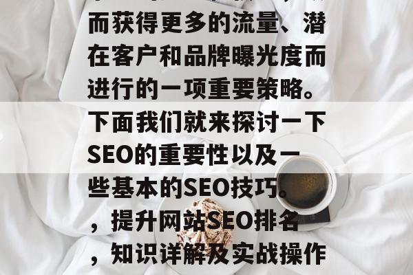 SEO排名优化是企业为了提升网站在搜索引擎中的排名和权重,从而获得更多的流量、潜在客户和品牌曝光度而进行的一项重要策略。下面我们就来探讨一下SEO的重要性以及一些基本的SEO技巧。,提升网站SEO排名,知识详解及实战操作,SEO是什么? SEO的重要性及技巧详解 SEO排名优化是企业为了提升网站在搜索引擎中的排名和权重,从而获得更多的流量、潜在客户和品牌曝光度而进行的一项重要策略。下面我们就来探讨一下SEO的重要性以及一些基本的SEO技巧。,提升网站SEO排名,知识详解及实战操作,SEO是什么? SEO的重要性及技巧详解