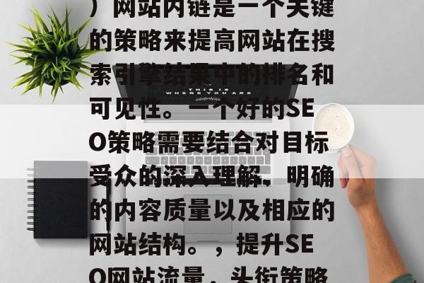 SEO(搜索引擎优化)网站内链是一个关键的策略来提高网站在搜索引擎结果中的排名和可见性。一个好的SEO策略需要结合对目标受众的深入理解、明确的内容质量以及相应的网站结构。,提升SEO网站流量,头衔策略的关键 SEO(搜索引擎优化)网站内链是一个关键的策略来提高网站在搜索引擎结果中的排名和可见性。一个好的SEO策略需要结合对目标受众的深入理解、明确的内容质量以及相应的网站结构。,提升SEO网站流量,头衔策略的关键