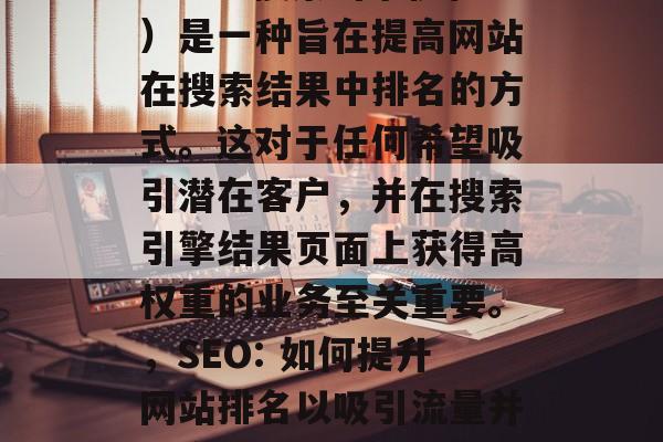 SEO（搜索引擎优化）是一种旨在提高网站在搜索结果中排名的方式。这对于任何希望吸引潜在客户，并在搜索引擎结果页面上获得高权重的业务至关重要。，SEO: 如何提升网站排名以吸引流量并提高搜索引擎权重