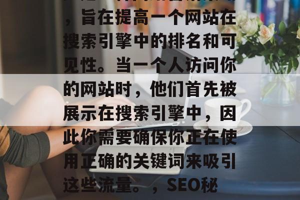 SEO(搜索引擎优化)是一种网络营销策略,旨在提高一个网站在搜索引擎中的排名和可见性。当一个人访问你的网站时,他们首先被展示在搜索引擎中,因此你需要确保你正在使用正确的关键词来吸引这些流量。,SEO秘籍,如何提高网站在搜索引擎中的可见性 SEO(搜索引擎优化)是一种网络营销策略,旨在提高一个网站在搜索引擎中的排名和可见性。当一个人访问你的网站时,他们首先被展示在搜索引擎中,因此你需要确保你正在使用正确的关键词来吸引这些流量。,SEO秘籍,如何提高网站在搜索引擎中的可见性